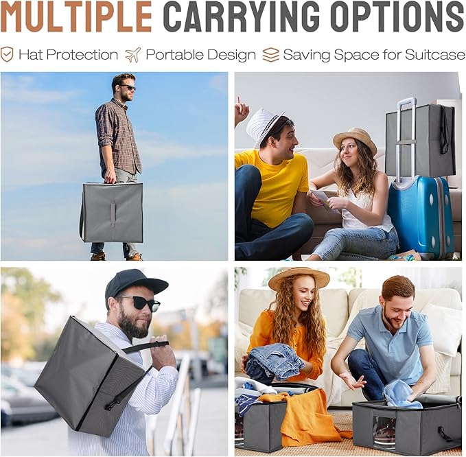 2 Pcs Hat Storage Box Upgrade Stackable Organizer with Lids Cowboy Hat Box Large Square Bag Foldable Closet Sheet Organizer Travel Container for Men Women(Grey)