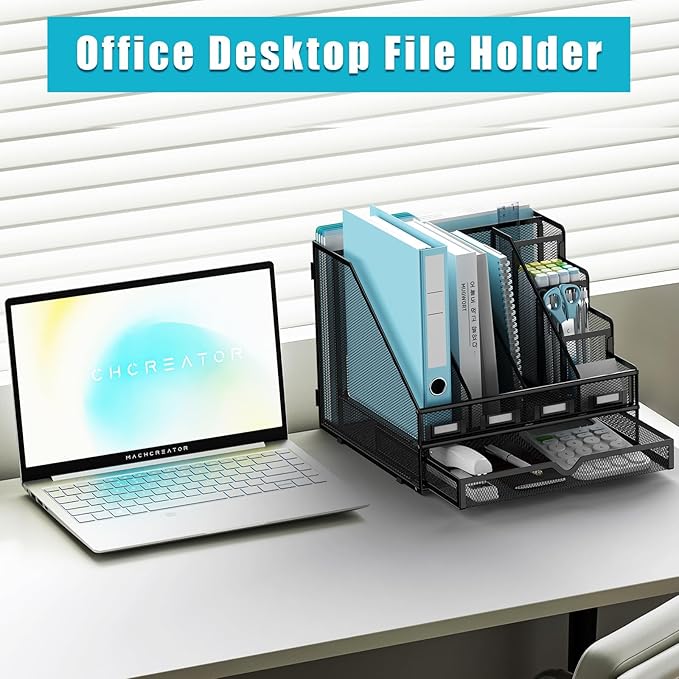 Sinboun Desk File Organizer, 4 Vertical Compartments Rack + 4 Pen Holders + Drawer File Organizer, Metal Desk Magazine Folder Holder for Office, Home, School, Black