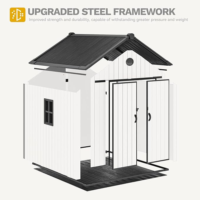 DWVO 8x8 FT Outdoor Storage Shed, Plastic Storage Shed with VisionWindow, Lockable Door & Floor, 16mm Heavy Duty All-Weather Tool Garden Shed with Vent for Patio Bike Lawn Mower Pool Supplies, Gray