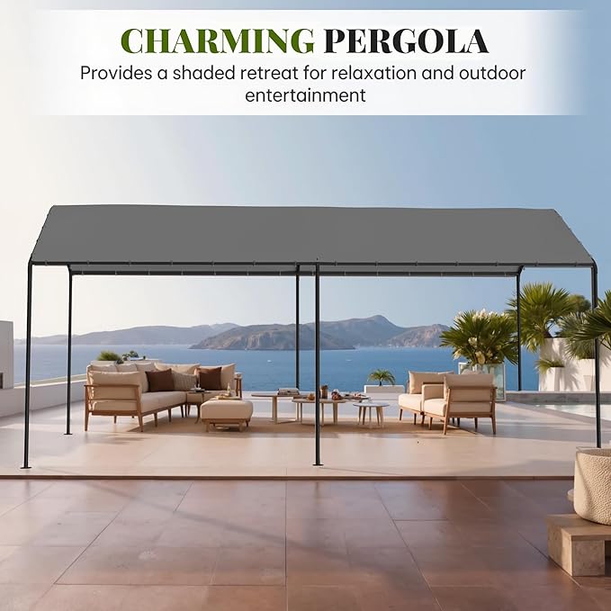 Carport, 10‘ x 20’ Heavy Duty Portable Garage All-Season Car Canopy, Outdoor Garage Boat Shelter Carport Canopy Party Tent w/Water-Resistant Tarp for Backyard (Grey, 10' x 20' /no Side)