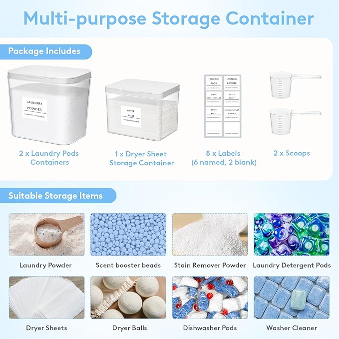 Lifewit 3 Pcs Laundry Pods Container with Pop-up Lid, Detergent Dispenser, Dryer Sheet Holder, Laundry Room Organization Storage Jars for Washing Powder, Soap, Scent Booster Beads, 2700 ml/0.72gal