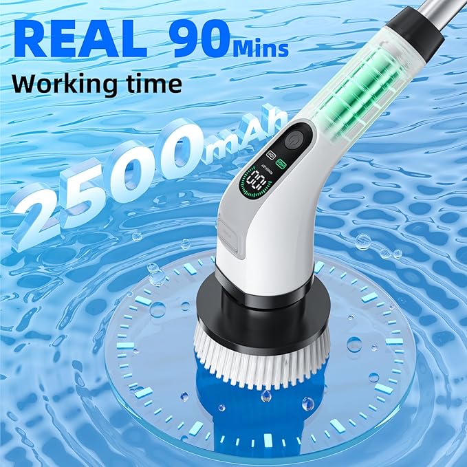 Electric Spin Scrubber, IPX7 Waterproof Power Shower Scrubber with Extension Handle, 7 Replaceable Brush Heads & 3 Hard Bristle Crevice Cleaning Brushes Cleaning Supplies for Bathroom Tub Tile Floor