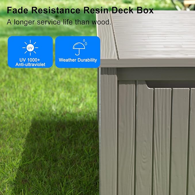 180 Gallon Outdoor Deck Box,Waterproof Resin Outdoor Storage Boxes, Outside Storage Lockable Container for Garden Tools,Indooor Cushions,Accessories (Grey)