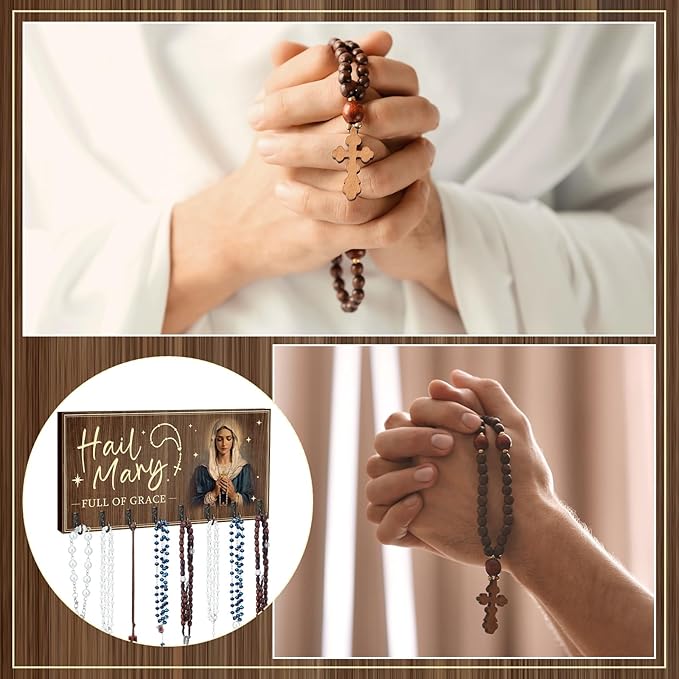 Large Wooden Rosary Holder Wall Mounted with 8 Hangers Catholic Rosary Storage Organizer Decorative Hanger Holder for Necklace, Bracelet Prayer Storage(Classic)