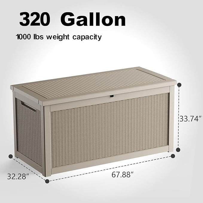 320 Gallon Waterproof Outdoor Storage Box, UV Resistant Resin Deck Box with Hydraulic Rod for Reinforced Stability, Perfect for Patio, Garden, and Pool（Grey，320 Gallon）