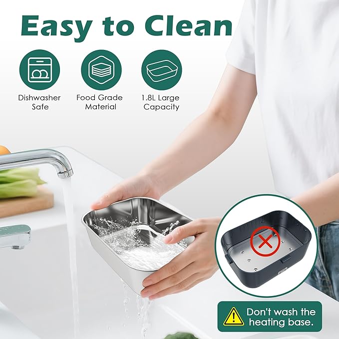 Electric-Lunch-Box-Heated-Food-Warmer 100W Heating Lunchbox for Adults 1.8L Portable Food Heater for Work/Car, 12V/24V/110-230V Lonchera Eléctrica Portátil with Fork Spoon (Gray+Green)