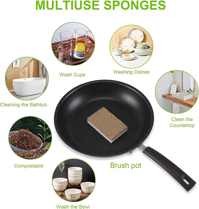 Natural Dish Sponges 16 Pack - Biodegradable Sponge Kitchen Compostable Cellulose Coconut Scrubber - No Scratch Cleaning Sponges