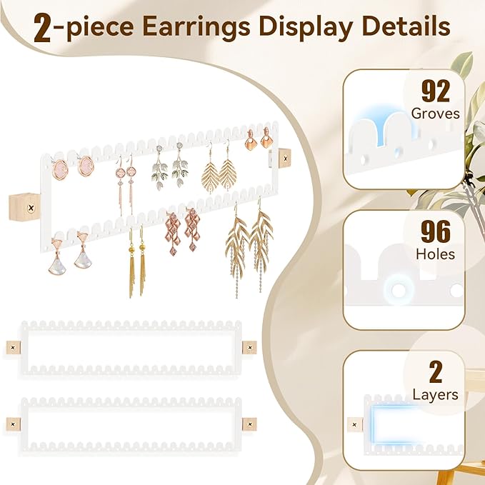 2 Tier Earring Holder Organizer Wall Mounted,2PCS Metal Earring Display Storage with 96 Holes and 92 Grooves Hanging Jewelry Organizer Tree for Stud/Hoop/Dangle Earrings Necklace(White)