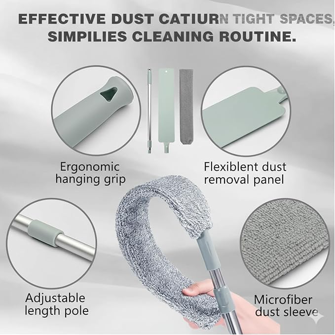 Retractable Gap Dust Cleaner - Ultra-Thin Flexible Duster with 4 Washable Microfiber Pads, Extendable Pole for Under Refrigerator, Blinds, Appliances, and Hard-to-Reach Areas Cleaning Tool