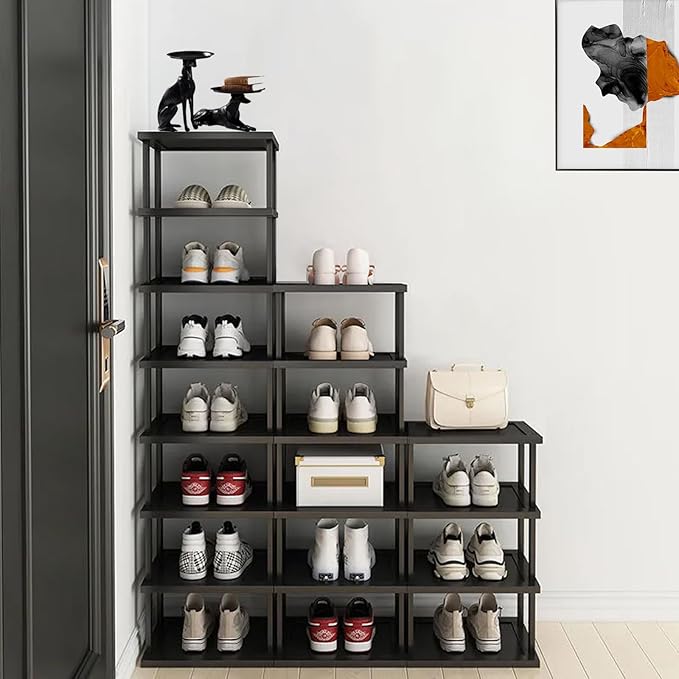 Vertical Shoe Rack - Tall Narrow Shoe Rack Organizer for Small Spaces,7 Tier Bamboo Shoen Shelf for Entryway,Closet,Corner,Doorway,Skinny Shoe Shelf Space Saving Shoe Storage,Free Stackable DIY