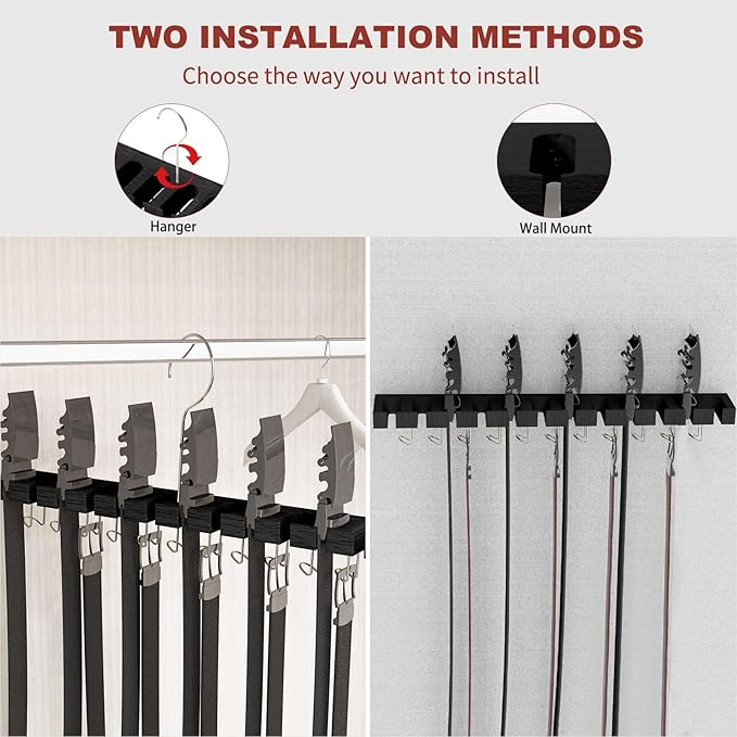 Belt Hanger for Closet Max 42 Belts, 2-in-1 Wall Mount Belt Organizer with 360° Rotating Hooks, Wooden Tie and Belt Rack for Closet Accessories Organizers and Storage, Black
