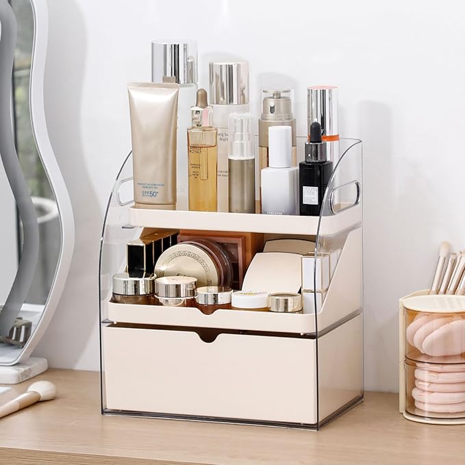 FABROK 3-Layer Desk Organizer with Drawer, Clear Office Supplies and Desk Accessories Organizer with Handle, Desktop Storage for Stationery（Cream）