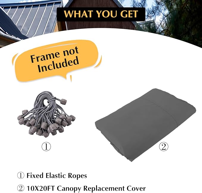 Canopy Replacement Cover, Carport Replacement Canopy Top Cover for 10' x 20' Frame, 800D Heavy Duty Waterproof & UV Protected Car Canopy with Ball Bungees (Frame is not Included) (Dark Gray)