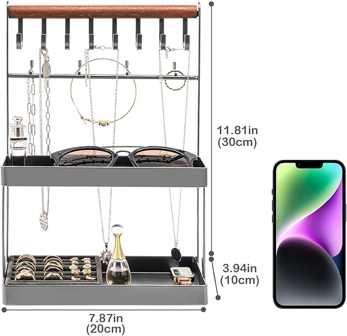 Lolalet 4-Tier Jewelry Organizer Stand with 12 Hooks, Necklace Bracelet Ring & Sunglasses Holder, Cute Metal Jewelry Storage Rack for Vanity, Dresser or Entryway, No Assembly -Grey