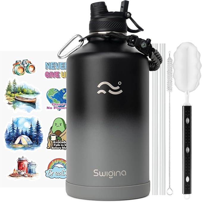 [2-IN-1 LID] Gallon Insulated Water Bottle with Silicone Boot (48hrs Cold/24hrs Hot) - DIY Stickers, Leakproof, BPA Free, 128 oz