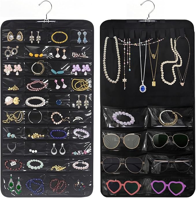 ZMD Hanging Jewelry Organizer Storage, 48 Pockets 8 Hooks Necklace Earring Necklace Bracelet Ring Organizer for Closet, Wall, Door, Christmas Gifts for Women，Black