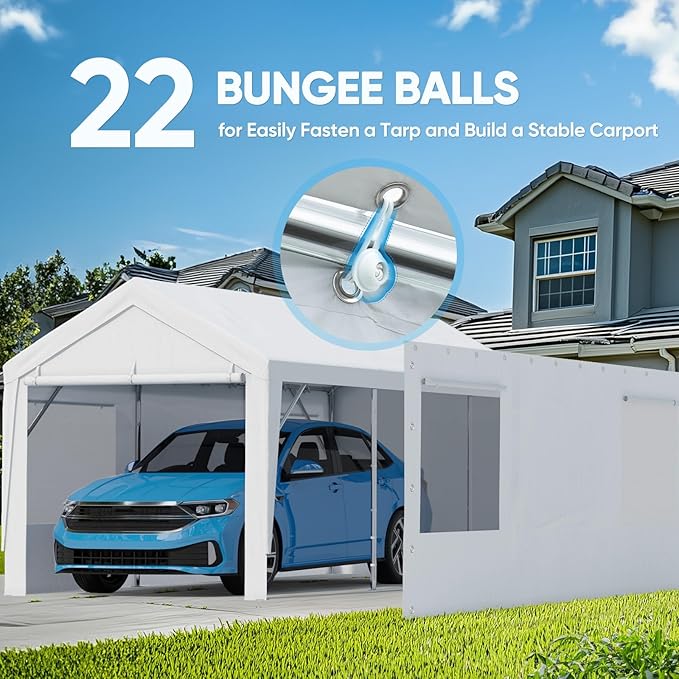 ADVANCE OUTDOOR Replacement Mesh Window Sidewall Tarp for 10/12x20 ft Carport Canopy, Heavy-Duty Waterproof & UV Protected, Easy Installation with Ball Bungees, White, One Sidewall Only