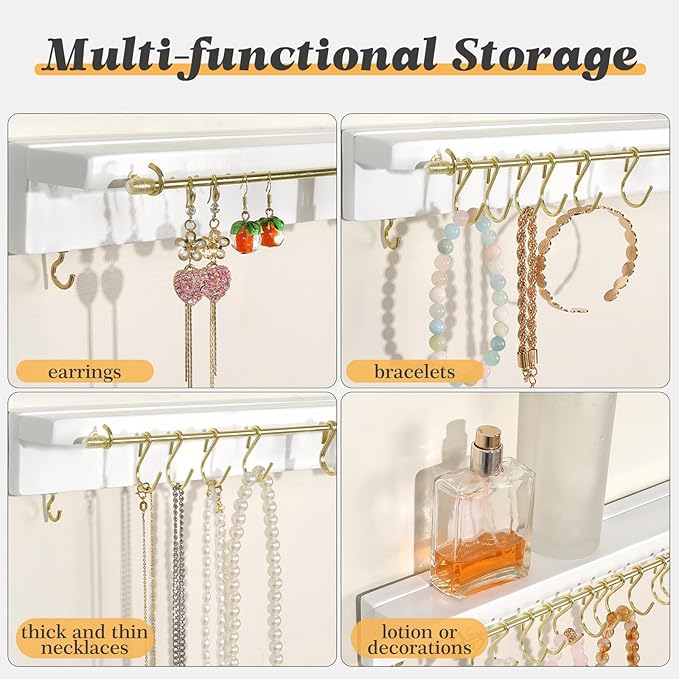 Necklace Holder Wall Mounted Necklace Organizer with 36 Hooks, Hanging Jewelry Organizer for Bracelets, Rings and Necklaces Display Storage for Girls and Women