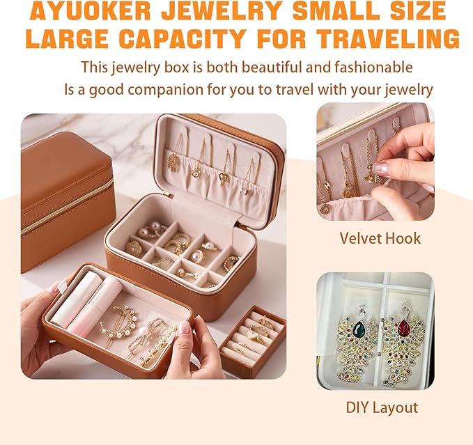 Brown Small Travel Jewelry Box,2 Layers PU Leather Travel Jewelry Box with Double Zippers, Portable Travel Jewelry Organizer for Necklace/Bracelet/Ring/Brooch