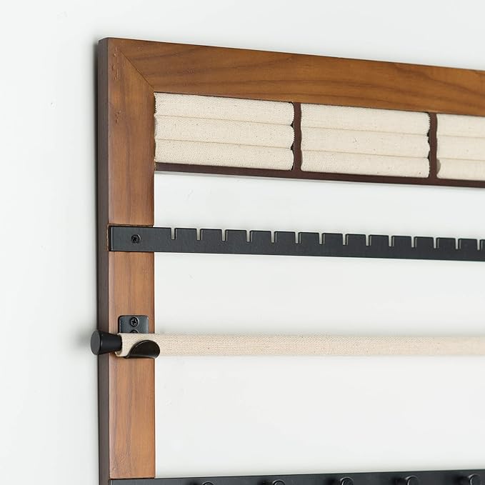 Hives and Honey Tori Wall Hanging Jewelry Rack – Wall-Mounted Organizer with Ring Rolls, Earring Slots, Bracelet Bar & Necklace Hooks, Anti-Tarnish Linen, Walnut