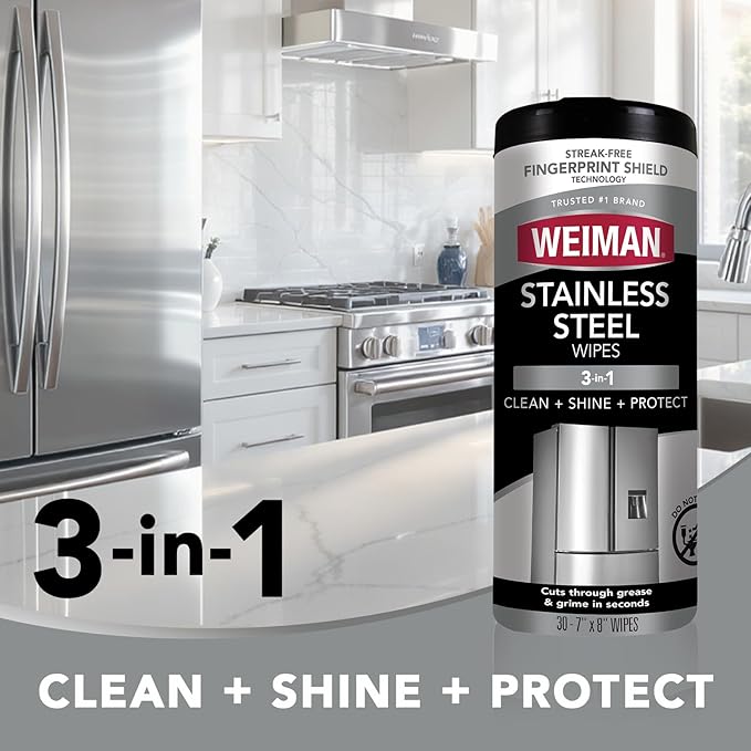 Weiman Stainless Steel Wipes (Large Microfiber Cloth) Removes Fingerprints Residue Water Marks and Grease from Appliances - Works Great on Refrigerators Dishwashers Ovens Grills - Packaging May Vary