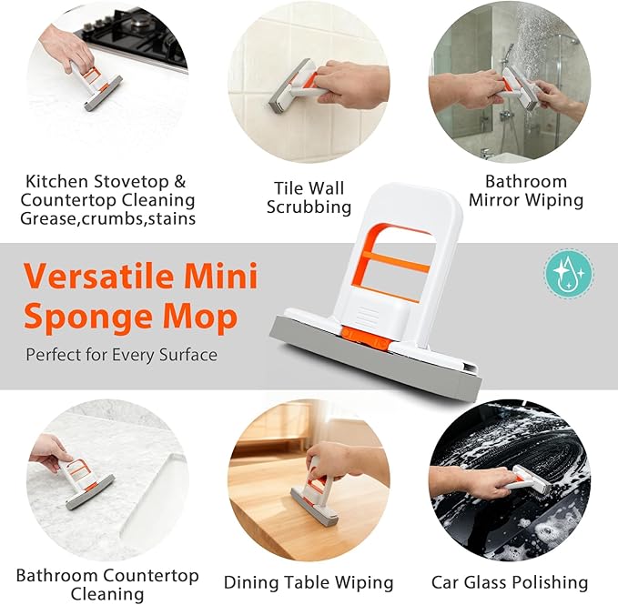 Mini Foldable Wet Dry Use Squeeze Small Mop, Mini Mop for Small Spaces, Black Portable Cleaning Sponge Mops for Desktop, Kitchen, Counter, Glass, Tile