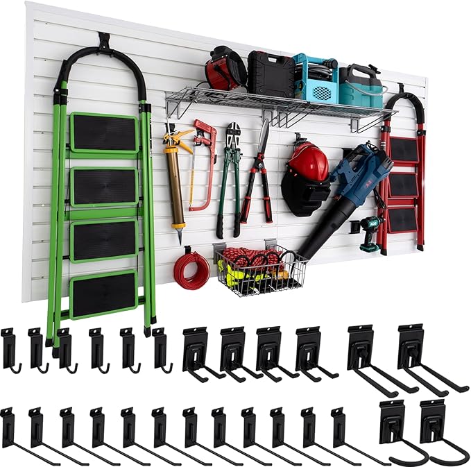Slatwall Panel Garage Slat Wall Storage Systems with 26 Slatwall Accessories, 4'x8' PVC Black Slat Wall Paneling for Retail Display, Garage Storage, Guitar Shop, Home Storage