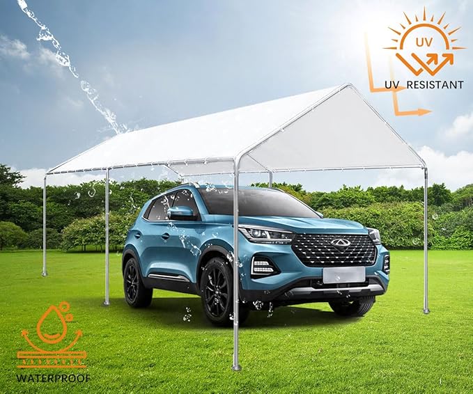 10'x20' Carport Replacement Canopy Cover for Top Tent Shelter Tarp with Ball Bungees White (Only Top Cover, Frame is not Included)