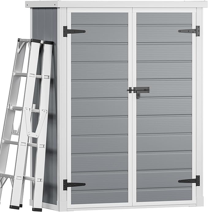 DWVO 50 Cuft Outdoor Tall Storage Shed with 2 Shelves, 4.3x2x5.5ft Vertical Tool Shed with Floor & Lockable Doors, Sturdy Double-Wall Plastic Cabinet for Garbage Cans and Garden Equipment (Gray)