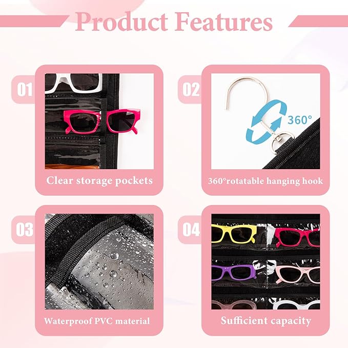 Dual Sided Sunglasses Storage organizer case, Eyeglasses Holder Wall Mounted with 32 Clear Slots & Metal Hook, Dust Proof Sunglasses Storage Case
