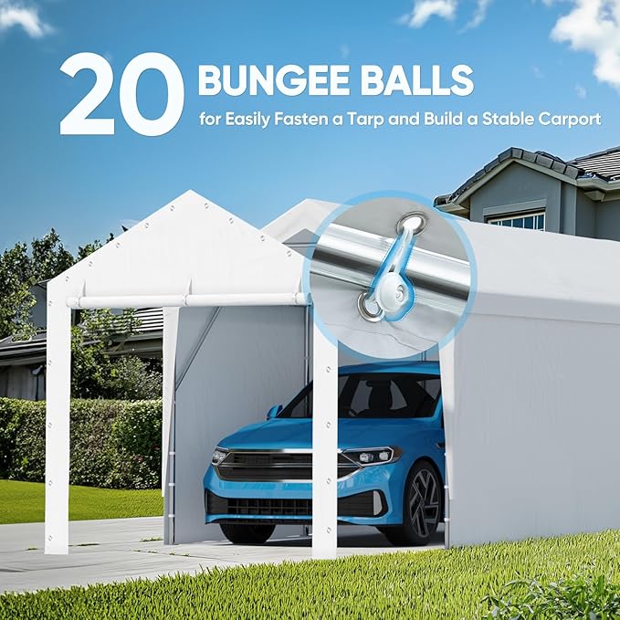ADVANCE OUTDOOR 10x20 ft Carport Replacement Door with Zippers Tarp, Heavy-Duty Waterproof & UV Protected, Easy Installation with Ball Bungees, White, One Door Only