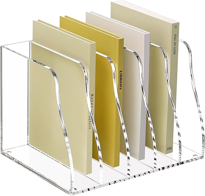 SANRUI Acrylic Desk Magazine File Organizer, 5 Vertical Compartments Clear Document Sorter Organizer Holder Workspace Sorters, Folder Rack for Office Accessories Organization Storage, B5 Size
