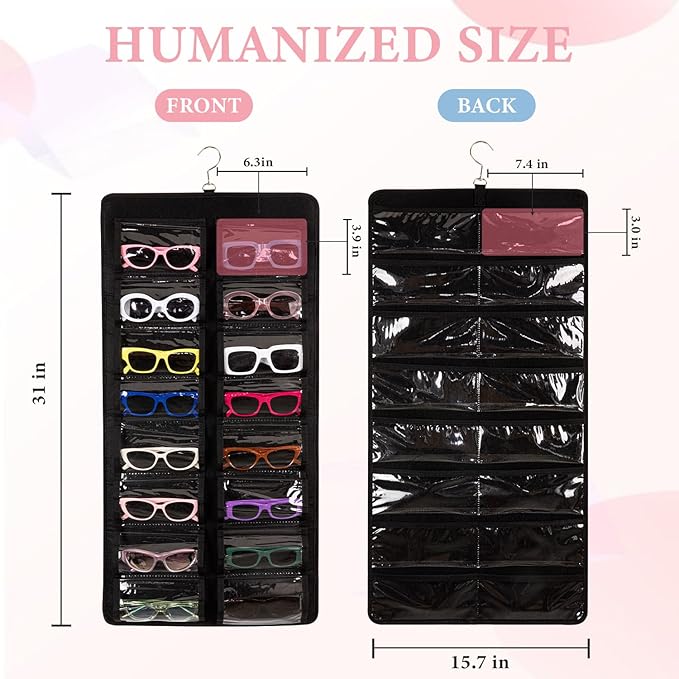 Dual Sided Sunglasses Storage organizer case, Eyeglasses Holder Wall Mounted with 32 Clear Slots & Metal Hook, Dust Proof Sunglasses Storage Case