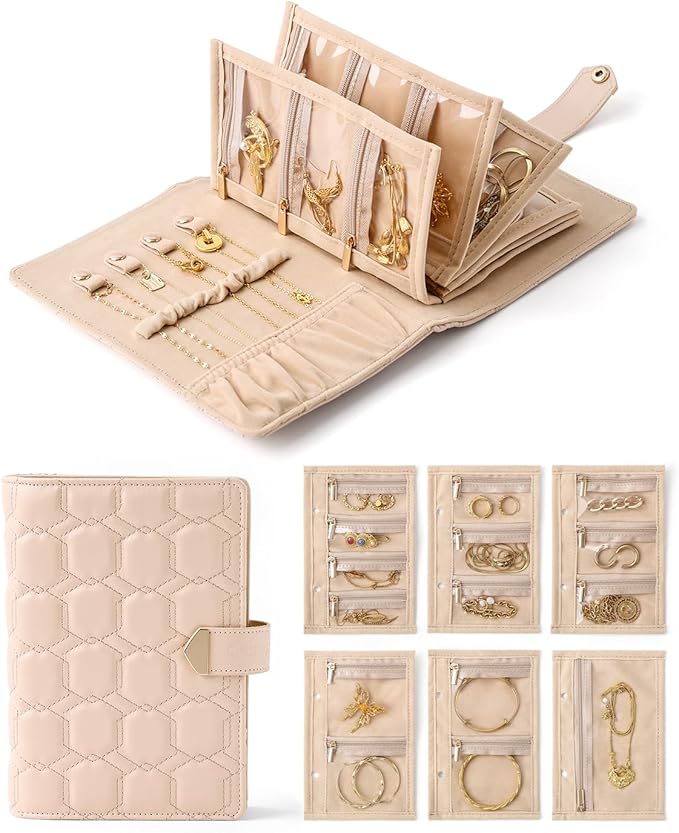 CASEGRACE Travel Jewelry Organizer Case,Portable Jewelry Storage Book Ring Binder with 6 Clear Zipper Velvet Jewelry Pouch for Earrings, Rings, Necklaces Ideal Gift for Women (Amber)