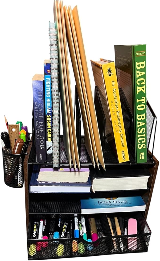 Wooden & Metal Desk Organizer – 4-Tier Vertical Desktop Storage with File Trays, Pen Holder & Drawer – Space-Saving Office & Home Workspace Organizer