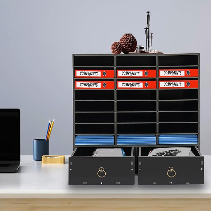 24-Compartment Literature Organizer with 2 Drawers – Adjustable Shelves & Lockable Storage Cabinet, Wall-Mountable Mail Sorter for Office, Classroom, Home (Black)