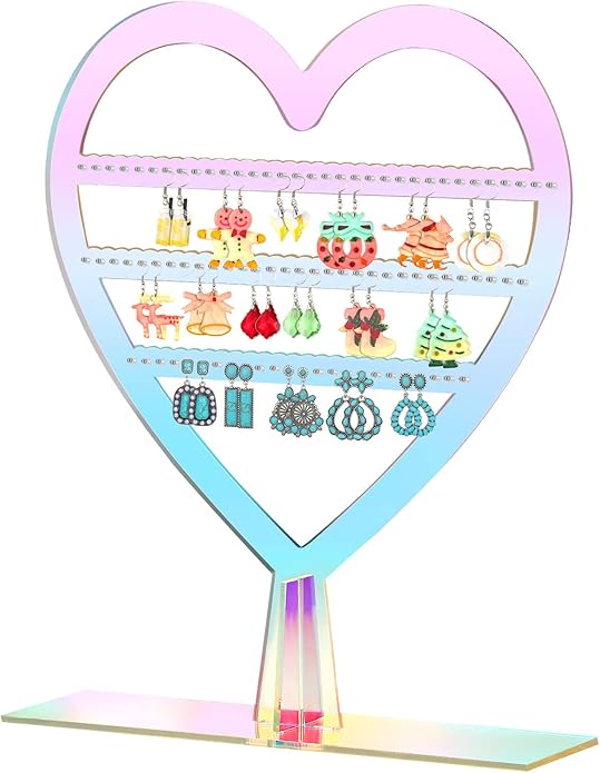 Qunclay Earring Holder Heart Shaped Jewelry Display with Holes 2 Tiers Earring Stand Aesthetic Cute Acrylic Rack for Women Dresser Nightstand Countertop Jewelry Organizer(Rainbow,1 Pcs)