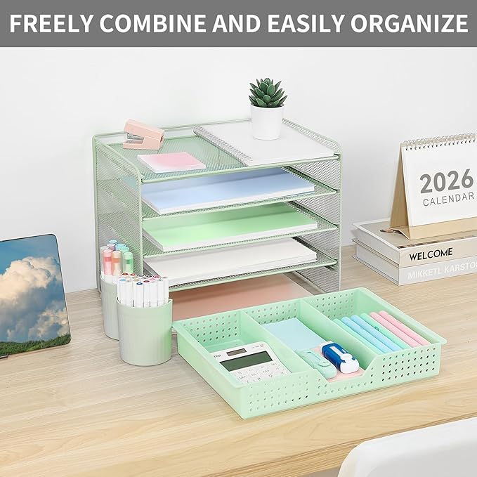 Desk Organizers and Accessories, 5-Tier Paper Letter Tray Organizer with Drawer & 2 Pen Holders, Desktop Organizer for Office Supplies (Green)