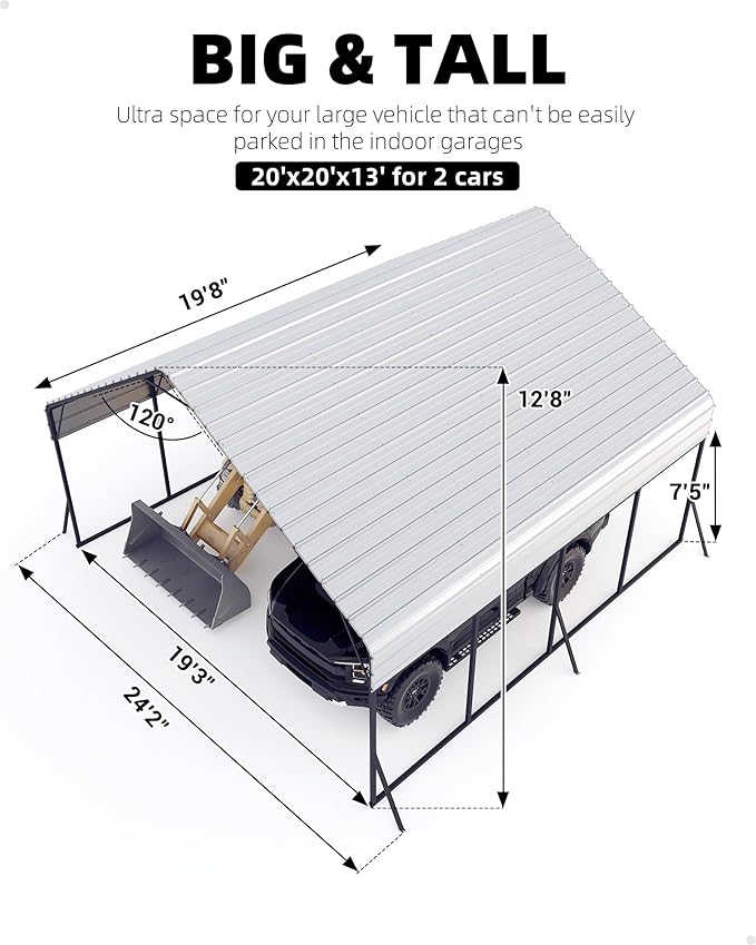 Garveelife 20 ft x20 ft x13 ft Metal Carport for 2 Cars, Heavy Duty Steel Frame for All Weather, Permanent Shelter for Boats, Full-Sized Pickup Trucks, and Tractors, N.W. 800 LBS
