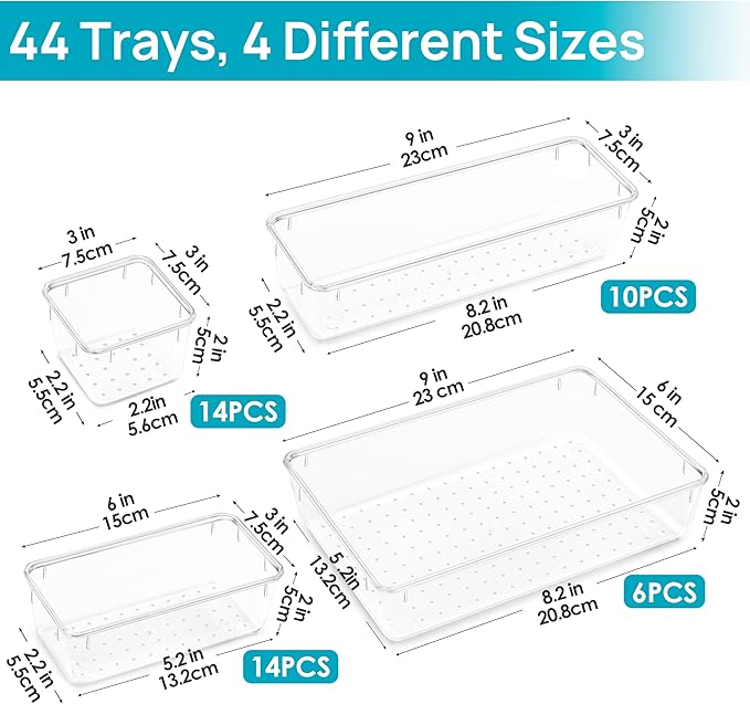 Vtopmart 44 PCS Clear Plastic Drawer Organizers Set, 4-Size Versatile Bathroom and Vanity Organizer Trays, Non-Slip Storage Containers for Makeup, Jewelries, Bedroom，Kitchen Utensils and Office