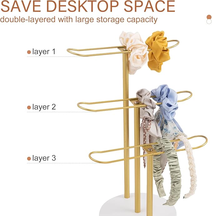 MoyRetty 3-Tier Headband Holder Organizer, Jewelry Metal Hair Hoop Display Stand Headband Organizer Storage Hair Ropes Accessories Bracelets Bangles Bedroom College Dorm Decor-Gold