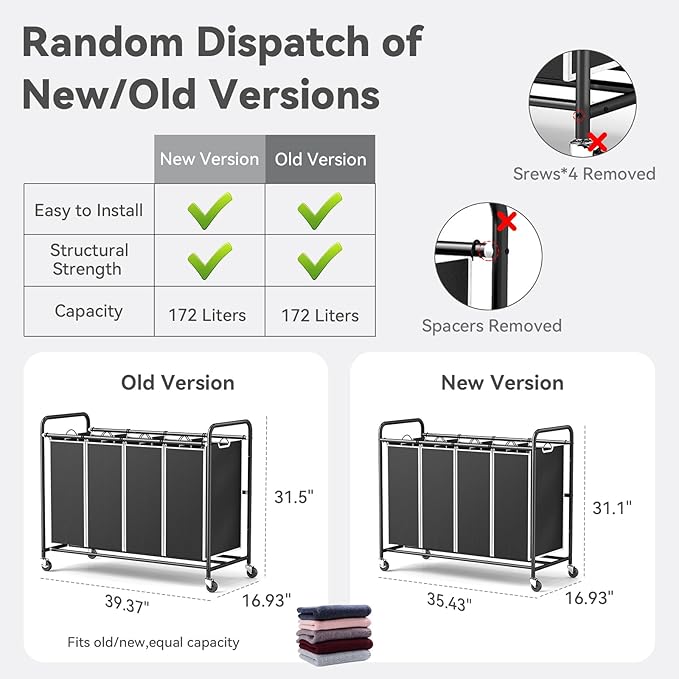 ROMOON Laundry Hamper Sorter Cart: 4-Section Organizer with Heavy-Duty Lockable Wheels and Removable Bags | 172L Rolling Laundry Basket for Dirty Clothes in Laundry Room or Small Spaces (Black)