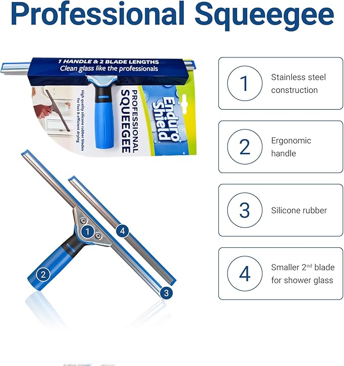 Professional Squeegee - Premium Quality Silicone Rubber Blades with Ergonomic Handle for Streak-Free Cleaning - Perfect for Windows, Shower Doors, and Railings