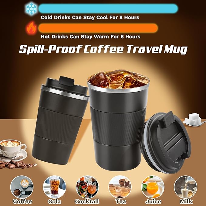 Vacuum-Insulated Stainless Steel Travel Coffee Mug, Leak-Proof Reusable Coffee Cup with Lid - Keep Hot & Cold Drinks for Hours, Durable Insulated Tumbler for Men & Women(3rd-Black, 12OZ)