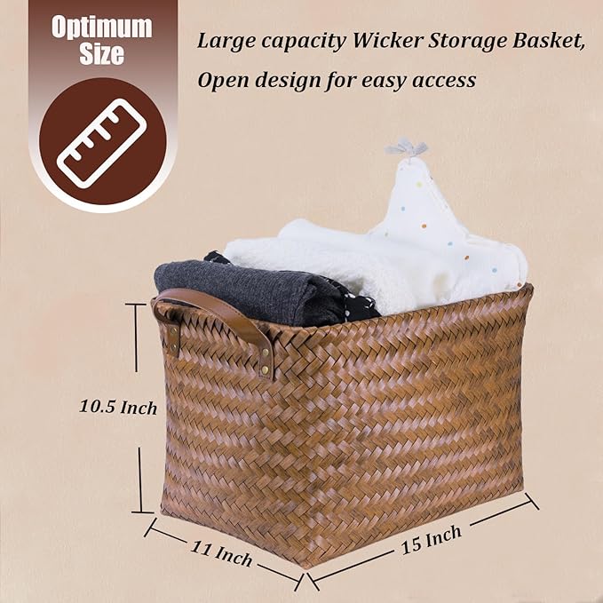 BROWNLILY Handwoven Clothes Basket Laundry Hampers Large Wicker Storage Baskets for Shelves Blankets Closet Storage Bins Car Bedroom Bathroom Organizers and Storage Bath (Pack of 10, Brown)