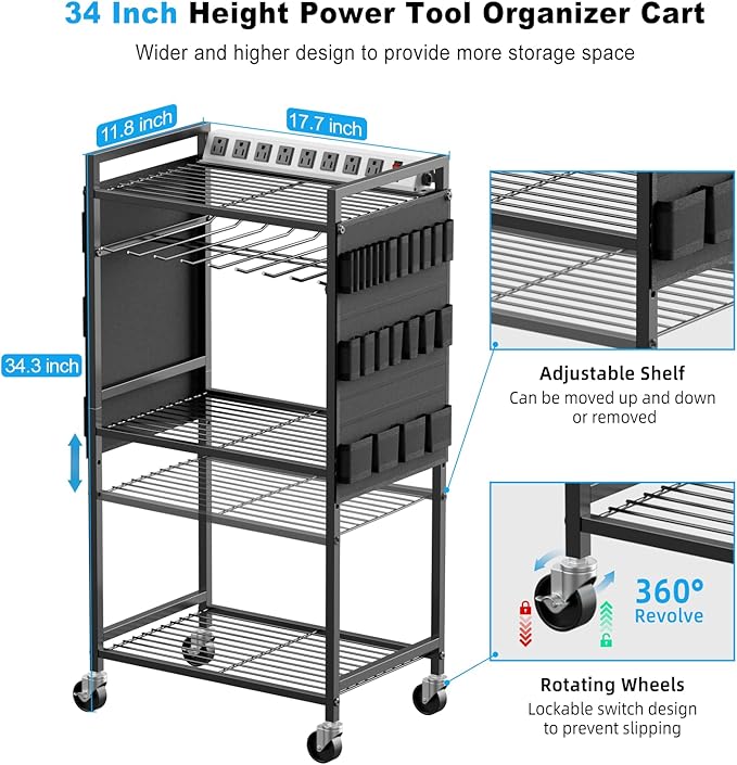 JUNNUJ Large Power Tool Organizer Cart with Charging Station, Garage Floor Standing Rolling Drill and Tools Battery Storage Cart on Wheels, Heavy Duty Rack Shelf with 8 Outlet 10 FT Power Strip, Black