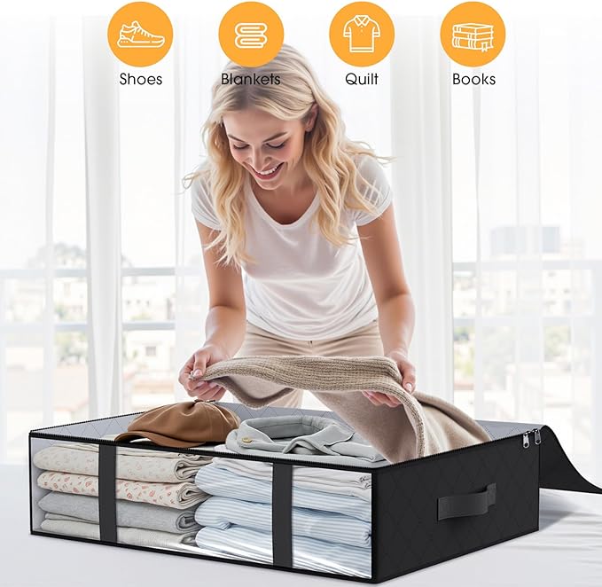 StorageRight Under Bed Storage Bins, 6-Pack 40L Foldable Fabric Storage Bags with Transparent Window, Breathable Organizer for Clothes/Blanket/Comforter/Quiltr, Black