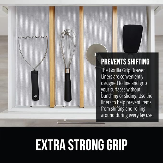 GORILLA GRIP powerGRIP Drawer Shelf and Cabinet Liner, Thick Strong Hold, Non-Adhesive Liners Protect Kitchen Cabinets and Cupboard, Bathroom Drawers, Easy Install, Breathable Mat, 12" x10' Light Gray