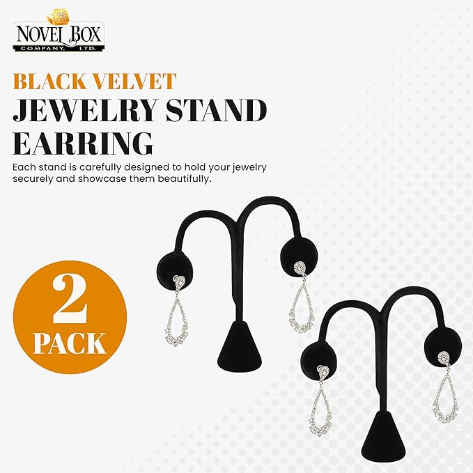 Novel Box 2 Pack Black Velvet Earrings Display Stands 3 3/4 x 4 3/4 Inches - Jewelry Stand Earring Organizer for Women - Elegant Earrings Stands for Craft Shows, Selling & Personal Use