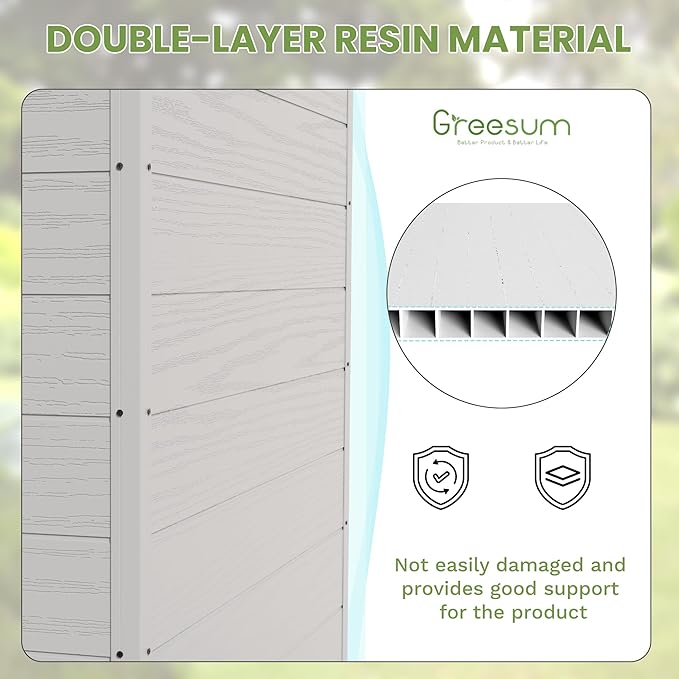 Greesum 6x4FT Plastic Outdoor Storage Shed with Floor, Resin Sheds with Lockable Double Door, Tool Sheds with Window and Vents, for Garden, Backyard, Patio, Light Gray